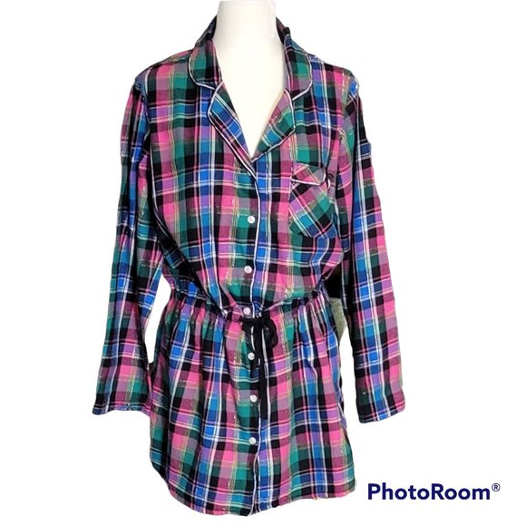 Victoria's Secret Plaid Button up Night Shirt with Drawstring Waist Sz Large - Picture 1 of 9